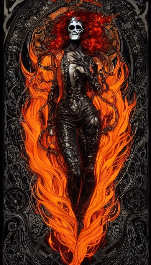 Image similar to a finely detailed beautiful!!! feminine cyberpunk ghost rider with skull face and long flowing hair made of fire and flames, dressed in black leather, by Alphonse Mucha, designed by H.R. Giger, legendary masterpiece, stunning!, saturated colors, black background, full body portrait, centered in image, trending on ArtStation