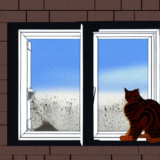 Image similar to a tabby cat looking trought the window, at a nuclear exlosion, digital art