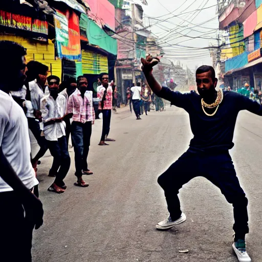 Prompt: photograph of Kanye West dancing in a street of Dhaka