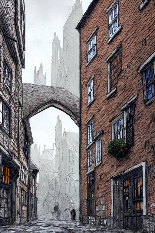 Prompt: a beautiful urban sketch of the shambles and little shambles york, 8 k, frostbite 3 engine, cryengine, dof, trending on artstation, digital art, crepuscular ray, art by fossi _ images and tugboat printshop