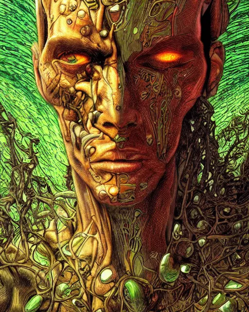 Prompt: cyborg portrait, organic overgrowth, jean giraud, andre shulze