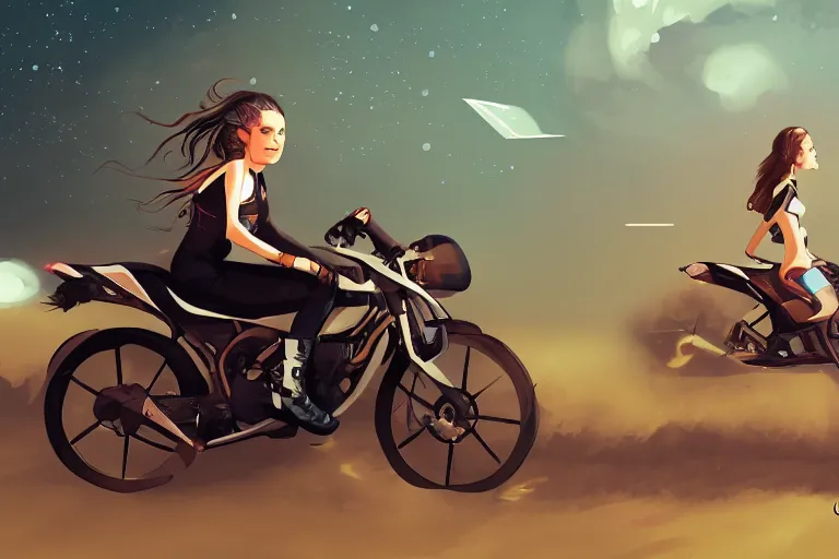 Image similar to a girl is riding a motorbike, digital painting, artstation, the space background,concept art, sharp focus, illustration,