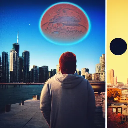 Image similar to Toronto tourist guide with planet mars as a head, dramatic cinematic lighting