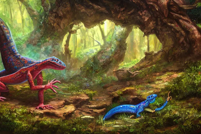 Prompt: an anthropomorphic lizard finding a colorful hotspring deep in the forest, oil painting, highly detailed, medieval fantasy, featured on artstation