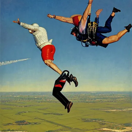 Image similar to benjamin netanyahu skydiving, plane in background, by norman rockwell and michael cheval