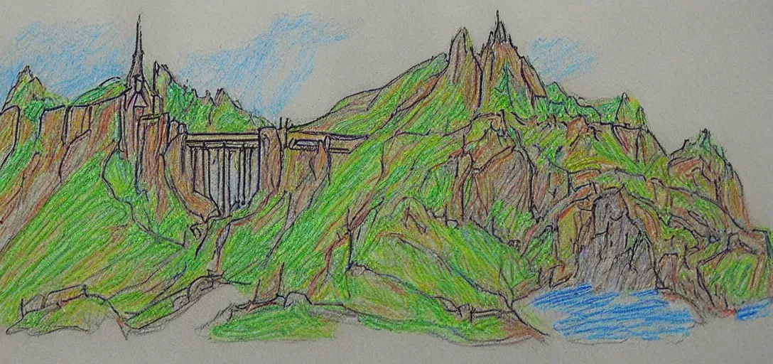 Prompt: Rivendell poorly drawn in crayon by a five-year old