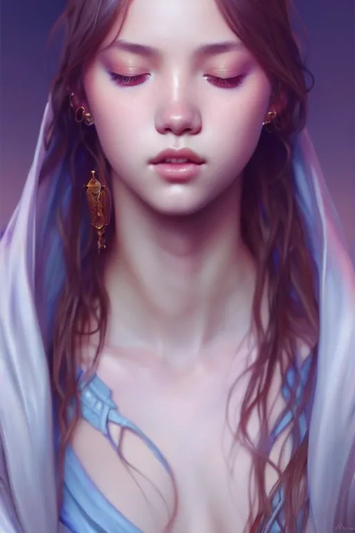 Prompt: beautiful digital painting of lalisa gray background with high detail, 8 k, stunning detail, photo by artgerm, greg rutkowski and alphonse mucha, unreal engine 5, 4 k uhd, eyes closed