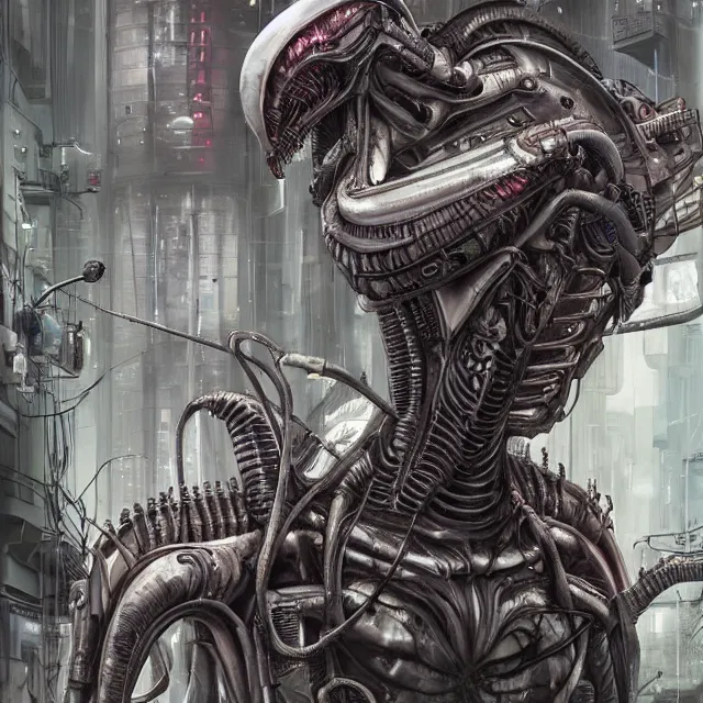 Prompt: a xenomorph - cyborg hybrid in a cyberpunk - city, industrial sci - fi, by mandy jurgens, ernst haeckel, james jean
