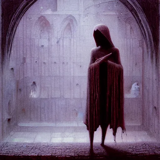 Image similar to cute girl in necromancer crypt by beksinski