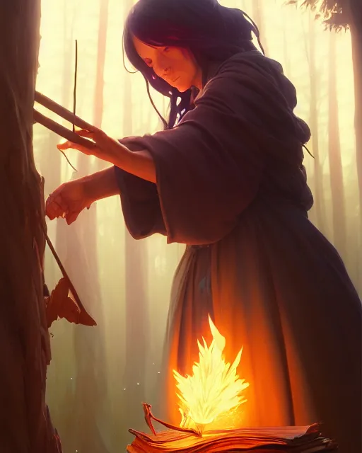 Image similar to highly detailed vfx portrait of a mage casting a wood spell, unreal engine, greg rutkowski, loish, rhads, beeple, makoto shinkai and lois van baarle, ilya kuvshinov, rossdraws, tom bagshaw, alphonse mucha, global illumination, detailed and intricate environment