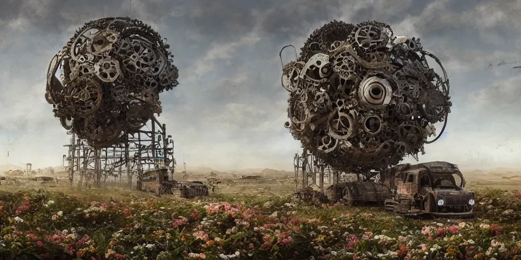 Image similar to a giant mechanical structure made of many machine parts and buildings and flowers on wheels moving through a desolate landscape, hyperrealism, highly detailed