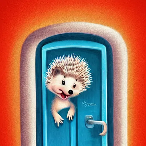 Prompt: cute adorable hedgehog opening the door, waving, smiling, cute, hedgehog, by cyril rolando