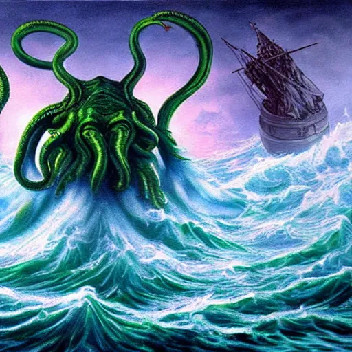 Prompt: hyperealistic painting of cthulhu is fighting many gods in a ocean that is in space, and cthulhu is wreaking havoc and causing the structure of the ocean to collapse