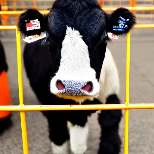 Image similar to mugshot of a cute sad calf dressed as an inmate in jail