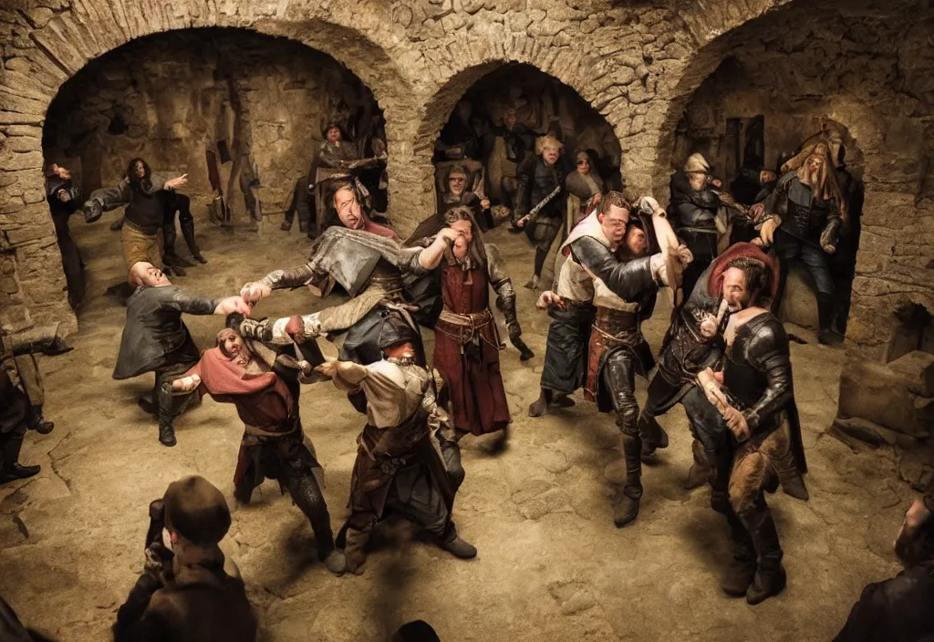 Prompt: photography crowd of emma watsons fight with nicholas cage in a medieval wine cellar detailed matte painting,