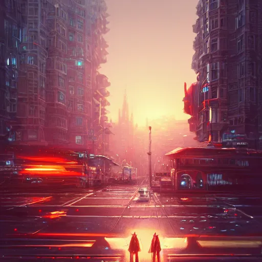 Image similar to detailed intricate digital illustration by greg rutkowski and artgerm and wlop and sanford robinson gifford ; terrifying monster robot looms over city intersection ; 1 3 mm film, arri alfa anamorphic lens ; sharp focus ; golden hour, trending on artstation 8 k