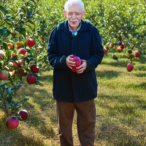 Prompt: portrait of an aged elf man, standing in an apple orchard, dressed well, very handsome