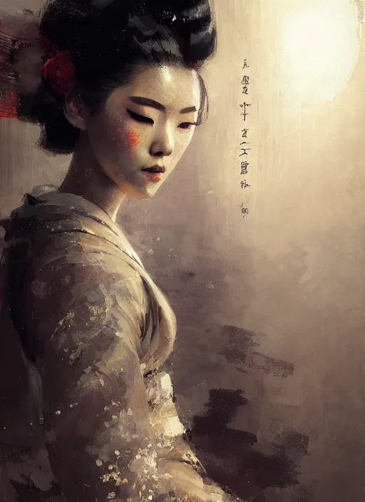 Image similar to female geisha girl, beautiful face, intricate outfit, spotlight, by greg rutkowski, by jeremy mann, digital painting