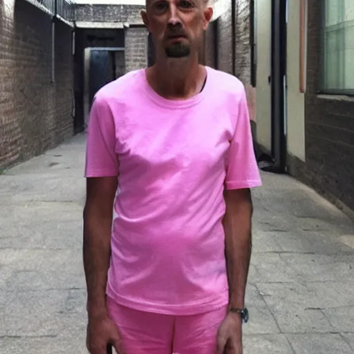 Image similar to bald skinny man in a pink t - shirt and pink pants, a colorized photo by hinchel or, tumblr, fantastic realism, colorized, handsome, da vinci