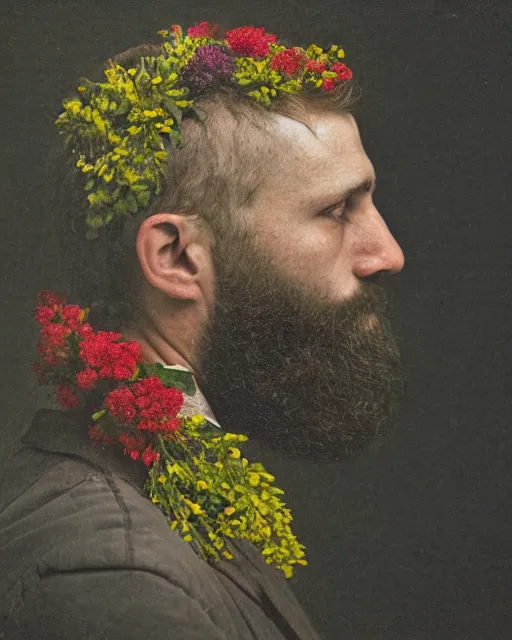 Prompt: a man's face in profile, beard, made of flowers and fruit, in the style of the Dutch masters and Gregory Crewdson, dark and moody