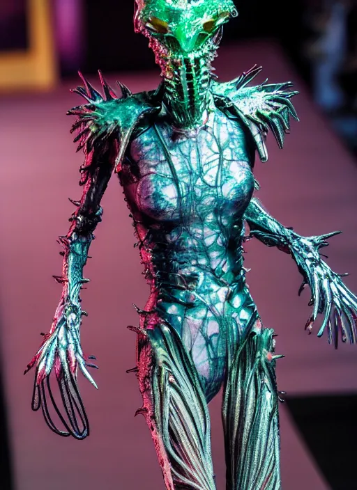 Image similar to walking down the catwalk, ben watts, show, stage, vogue photo, podium, fashion show photo, iris van herpen, beautiful woman, full body shot, helmet on face, masterpiece, plant predator, guyver, jellyfish, biomechanical details, movie still, fauvism, cinestill, bokeh, gelios lens