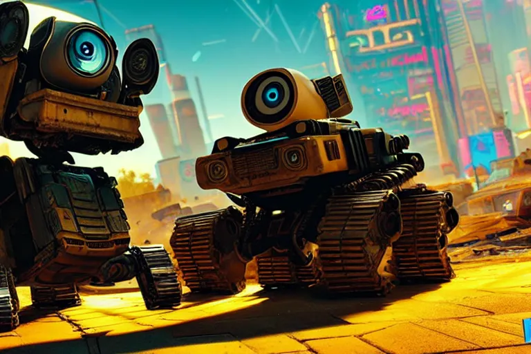 Prompt: wall - e in cyberpunk 2 0 7 7, heavy detailed, ultra high definition quality, super mario 6 4 game engine graphics