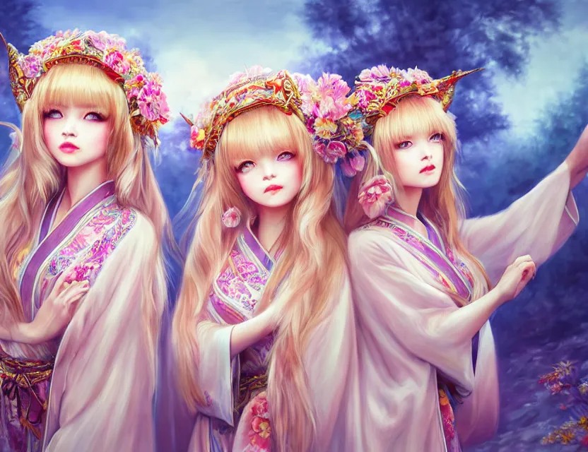 Image similar to two beautiful fashion siberian girls wear fantasy kimono in festival | | big eyes, sunny, dreamlike art, realistic shaded, smile, good looking, hyper details, 4 k realistic, cryengine, realistic shaded lighting poster by artgerm, ross tran, fuji choko, loish, 8 k resolution, trending on artstation, luxury