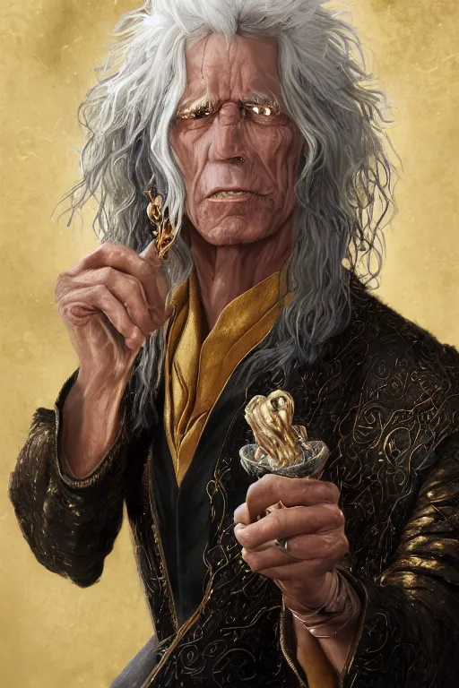 Prompt: An highly detailed portrait painting of Raistlin Majere with skin of metallic gold, white hair, hourglass shaped eye irises, looks like Keith Richards and Mick Jagger and Steven Tyler, by Greg Rutkowski, Wizards of the Coast, Magic The Gathering, D&D, fantasy, Craig Mullins, trending on Artstation.