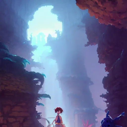 Image similar to key shot of ancient underground dungeon, studio ghibli, bloom, anime key art, gloomhaven, organic painting, hard edges, luminescent, octane render, by greg manchess, huang guangjian, gil elvgren, sachin teng, greg rutkowski, jesper ejsing, rhads, cushart krenz, anton fadeev