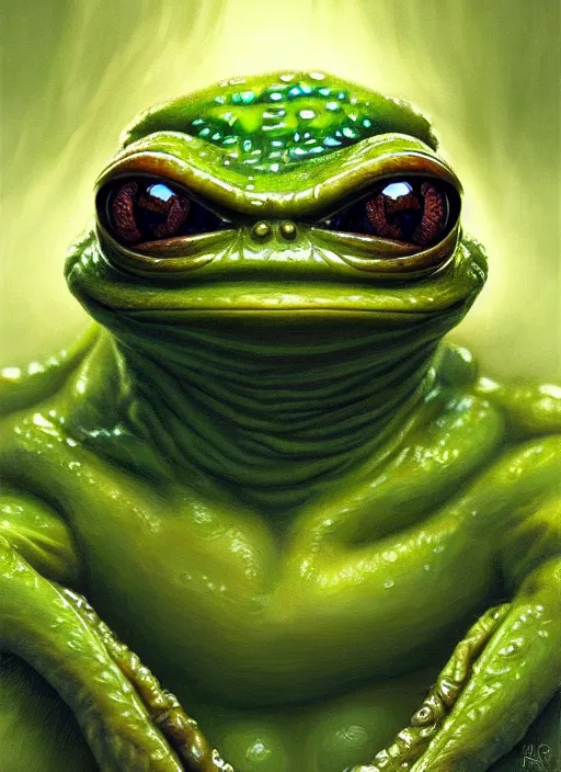 Prompt: slimy pepe the frog, drool, portrait, intricate, elegant, highly detailed, digital painting, artstation, concept art, wallpaper, smooth, sharp focus, illustration, art by h. r. giger and artgerm and greg rutkowski and alphonse mucha