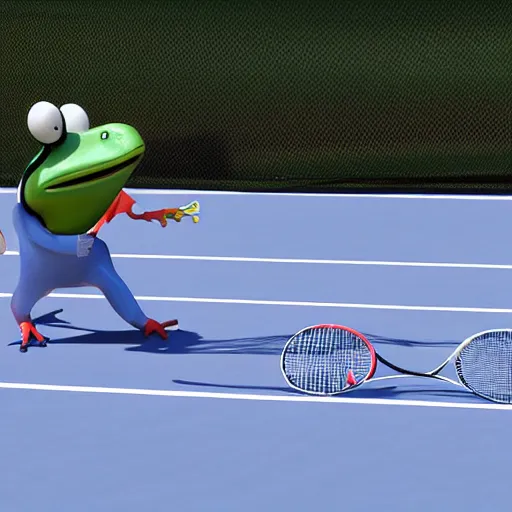 Prompt: A frog playing tennis with another frog