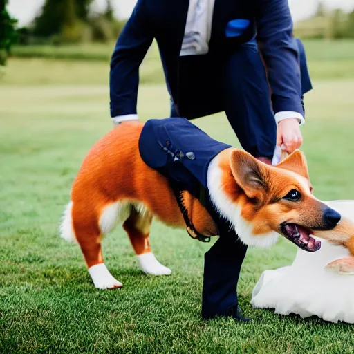 Prompt: a corgi renting a classy suit for his wedding day, cute, photorealistic, vivid colors, happy