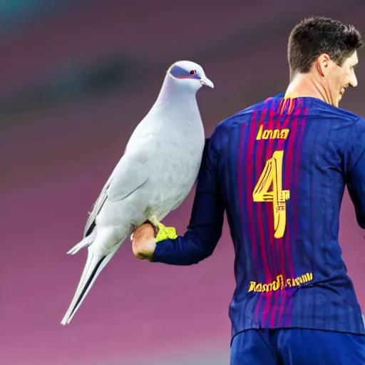 Image similar to robert lewandowski hugging a pigeon in camp nou
