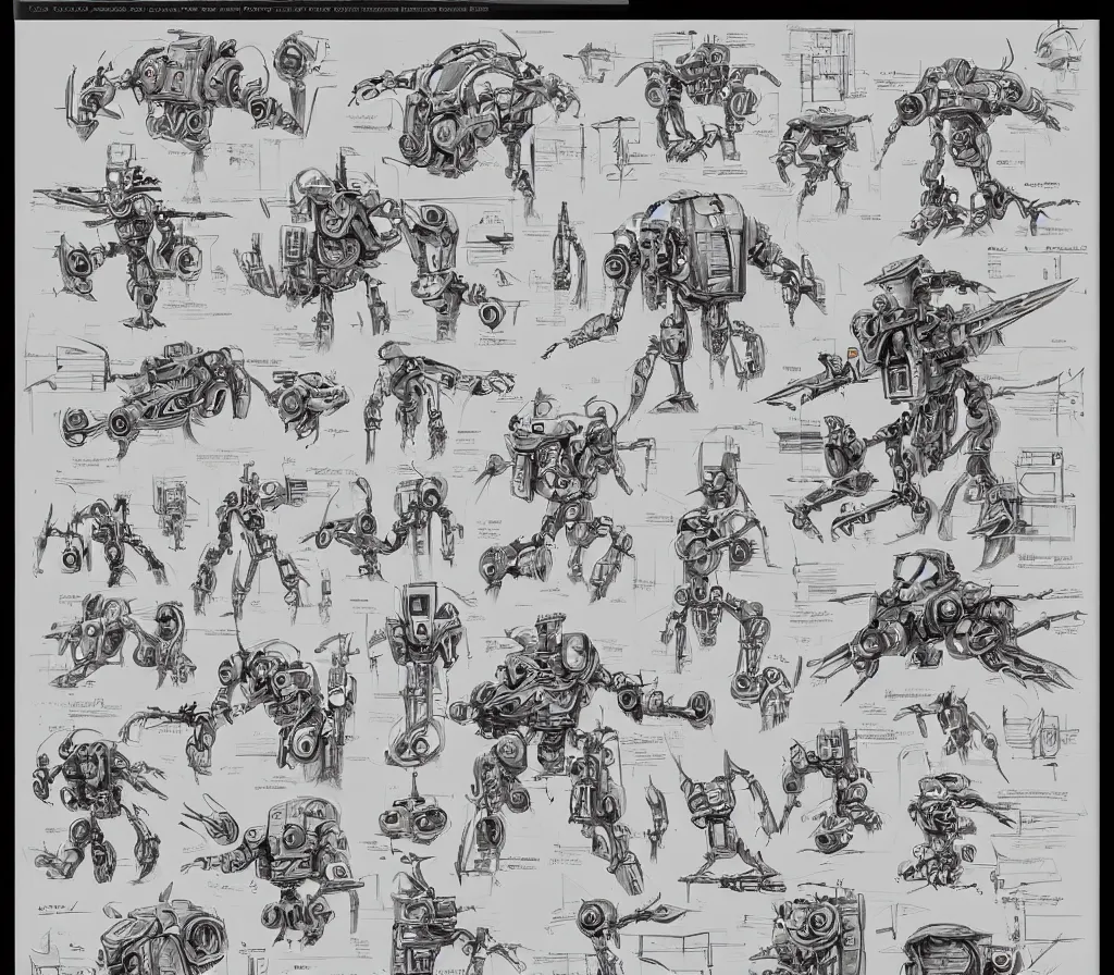 Prompt: sketches of robots, on a notebook page, pencil, by Peter Mohrbacher technical drawing