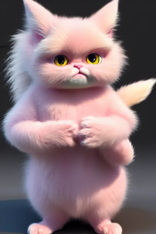 Image similar to high quality 3 d render hyperrealist very cute pastel fluffy! grumpy gargoyle cat hybrid eating giant ice cream full body, vray smooth, in the style of detective pikachu, hannah yata charlie immer, dramatic pink light, low angle, uhd 8 k, sharp focus