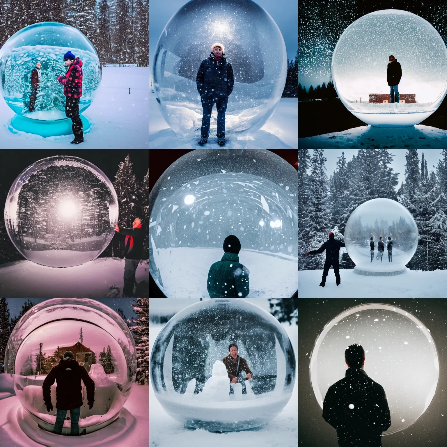 Prompt: Man inside a giant snowglobe