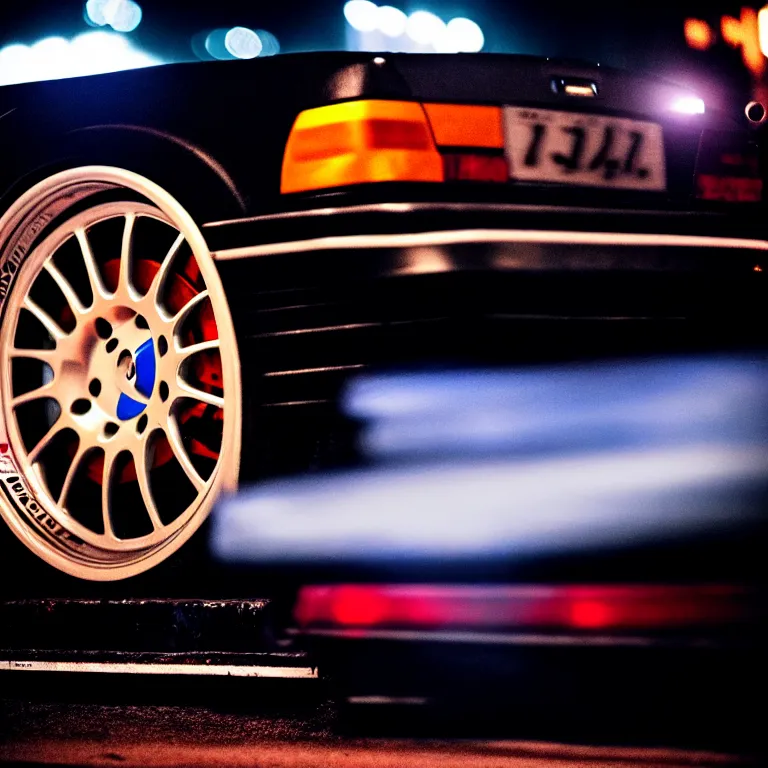 Image similar to close-up-photo JZX100 turbo illegal roadside night meet, work-wheels, Shibuya shibuya, cinematic color, photorealistic, deep dish wheels, highly detailed night photography