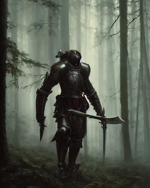 Image similar to Hyper realistic painting of a knight in rusty full plate armor wielding a greatsword, hyper detailed, surrounded by a dark forest, fog, moody, cinematic lighting, dim blue lighting, by greg rutkowski, trending on artstation