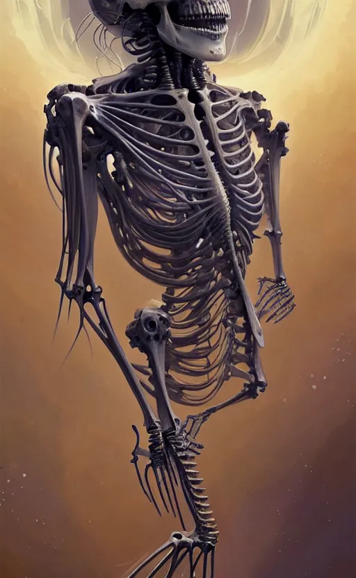 Image similar to Cyborg biomechanical jellyfish skeleton, sci-fi, highly detailed, digital painting, artstation, concept art, smooth, sharp focus, illustration, art by artgerm and greg rutkowski and alphonse mucha