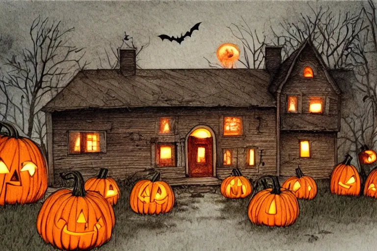 Image similar to old abandoned house on halloween night, pumpkins lit on the porch, colored pencil ink wash by scott wills and ashley wood