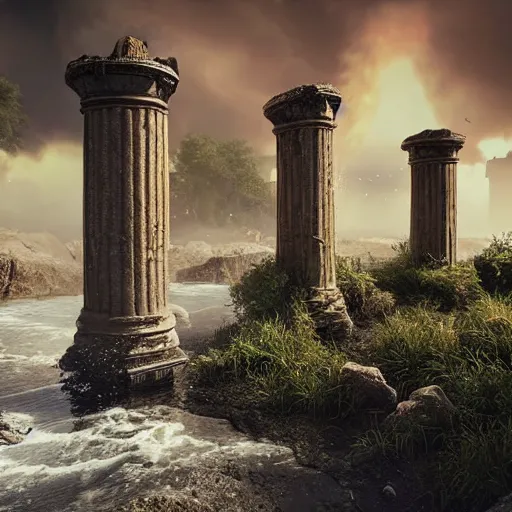 Prompt: big crumbling pillars over raging turbulent waters, conflagration in the back no smoke, hyper realistic, highly detailed, digital art, apocalyptic, epic lighting, raytracing