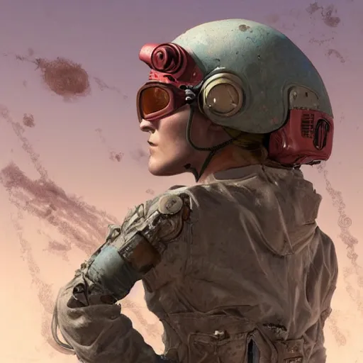 Prompt: tattooed dirty stoic butch heroic emotionless blonde woman engineer in tattered dirty flight suit, very short messy hair, victorian goggles, back pose, crossing primitive hostile alien desert, clouds of red dust, highly detailed, digital painting, artstation, concept art, matte, sharp focus, illustration, art by moebius and artgerm and greg rutkowski