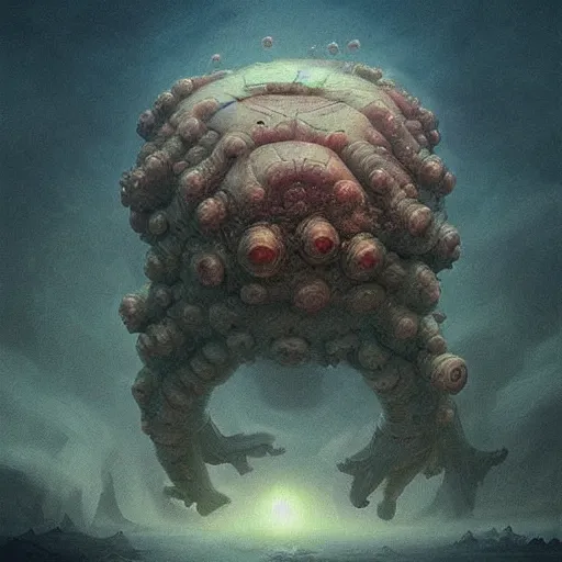 Image similar to fractal 4 th dimensional tardigrade!!! terror and horror painting tardigrade!!! descending onto an apocalyptic earth, by greg rutkowski and studio ghibli, inspired by zdzisław beksinski, cinematic, atmospheric, dramatic colors, dawn.