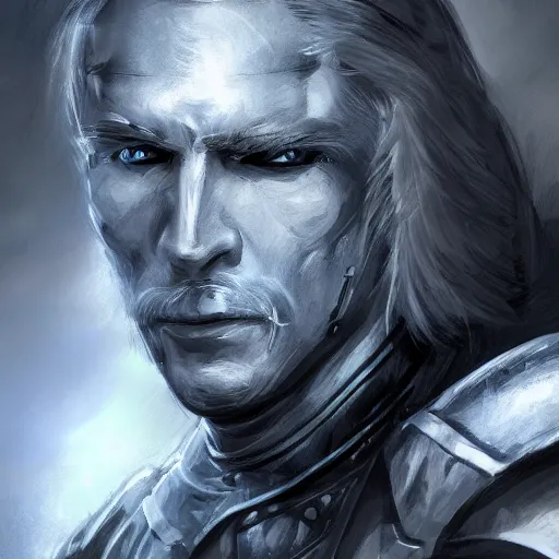 Prompt: concept art, portrait, 50 years old men, friendly, blonde, blue eyes, lite armor, high detail, digital art