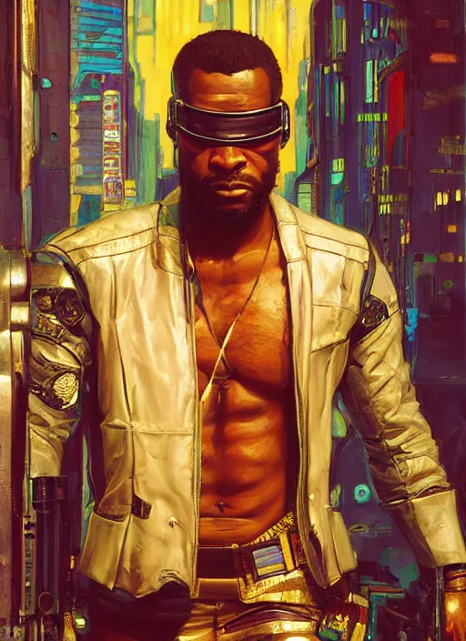 Image similar to Chidi Igwe. Buff Cyberpunk policeman with robotic legs. (Cyberpunk 2077, bladerunner 2049). handsome face. Iranian orientalist portrait by john william waterhouse and Edwin Longsden Long and Theodore Ralli and Nasreddine Dinet, oil on canvas. Cinematic, vivid colors, hyper realism, realistic proportions, dramatic lighting, high detail 4k