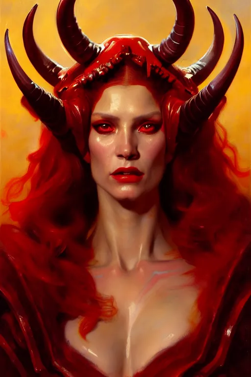 Image similar to painted close - up portrait of a very attractive red - skinned intimidating demon alien queen with ram horns! oil painting, wearing a noblewoman's outfit, fantasy art by john singer sargent and gaston bussiere and james jean and greg rutkowski, demon noble character design, hd