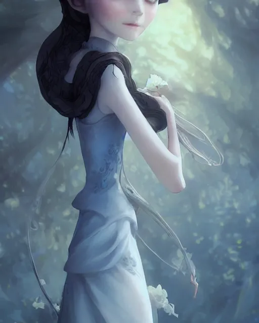 Image similar to elegant mysterious solemn victoria everglot from the corpse bride, portrait, illustration, rim light, top light, summer clear blue sky, perfectly shaded, soft painting, art by krenz cushart and wenjun lin