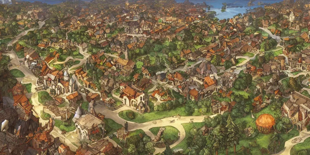 Prompt: medieval village overview in moving out game on nintendo switch. artwork by artgerm and mucha and norman lindsay