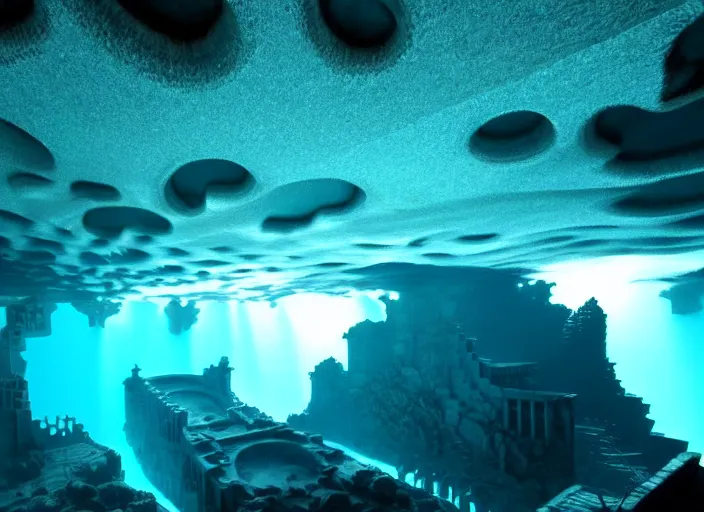 Image similar to atlantis, an amazing underwater city glowing with light below turbulent waters above