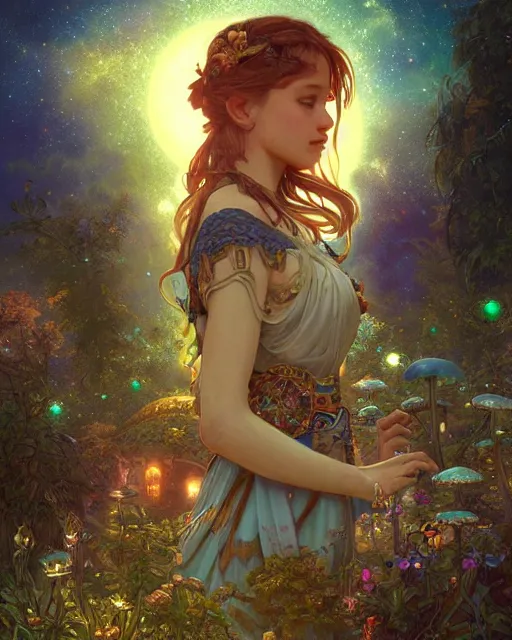 Prompt: girl in solarpunk fantasy village, evening, 4 k, ultra realistic, detailed, epic lighting, starry sky, magical, glowing forest, mushrooms, machines, high detail, masterpiece, trending on artstation by artgerm and akihito tsukushi and alphonse mucha